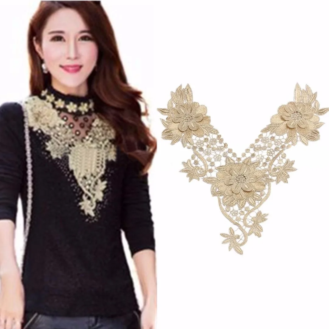Trim Applique Floral Lace Collar Embroidery Neckline Trendy Design 26*37.5cm Gold Color
