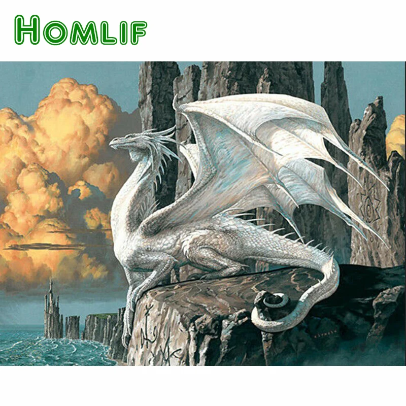 

HOMLIF Full Square 5D DIY Diamond Painting animal white dragon Diamond Embroidery Of Rhinestone Diamond Home Decor Stickers Gift