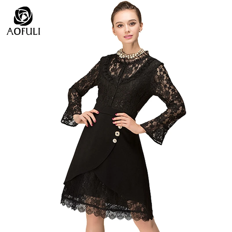 

AOFULI S- Xxxl 4xl 5xl Elegant Lace Party Dresses Spring Flower Lace Patchwork Asymmetrical Dress For Dinner Birthday B6365