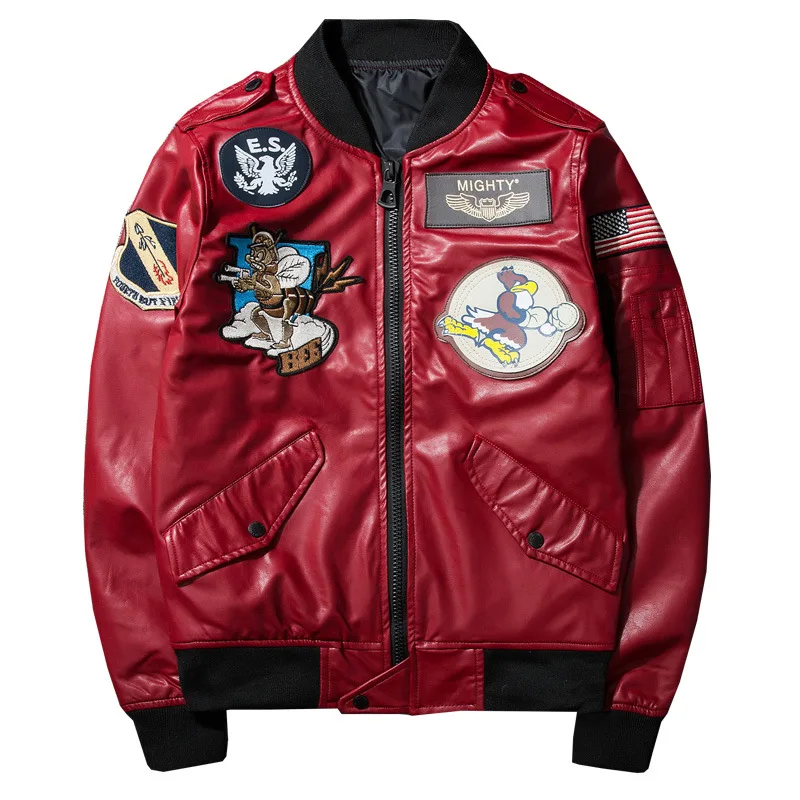 

SRTM Men's Jacket Badge Embroidery Bomber Jacket Air Force Hip Hop Baseball Pilot Fashion Male PU Leather Locomotive Coat