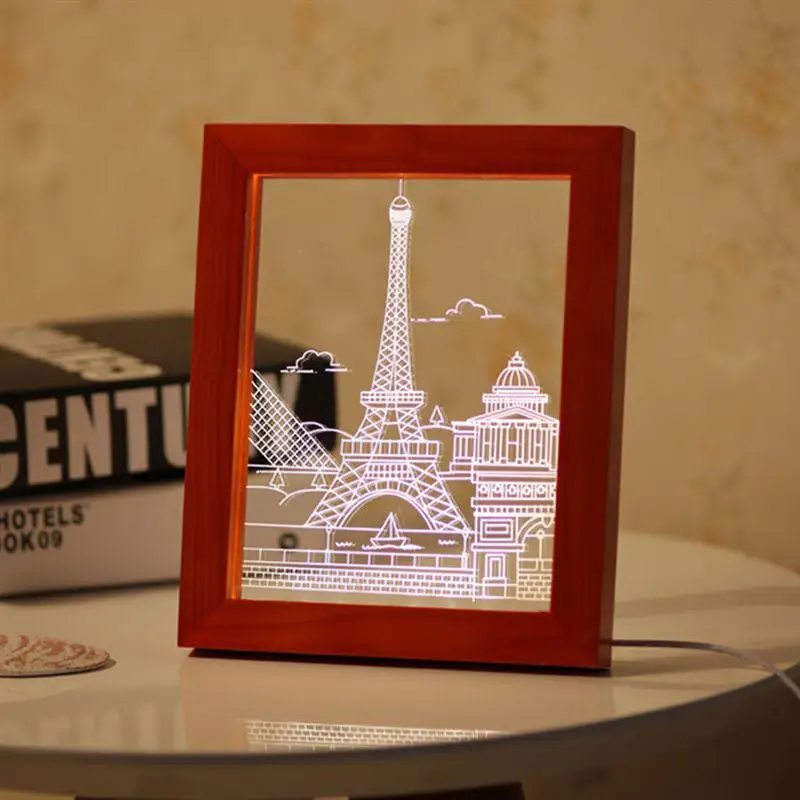 

3D LED Light Wood Paris Picture Frame Decorative Acrylic Photo Frame Nightlight Table Lamp 3D Bedroom Living Room Lamp