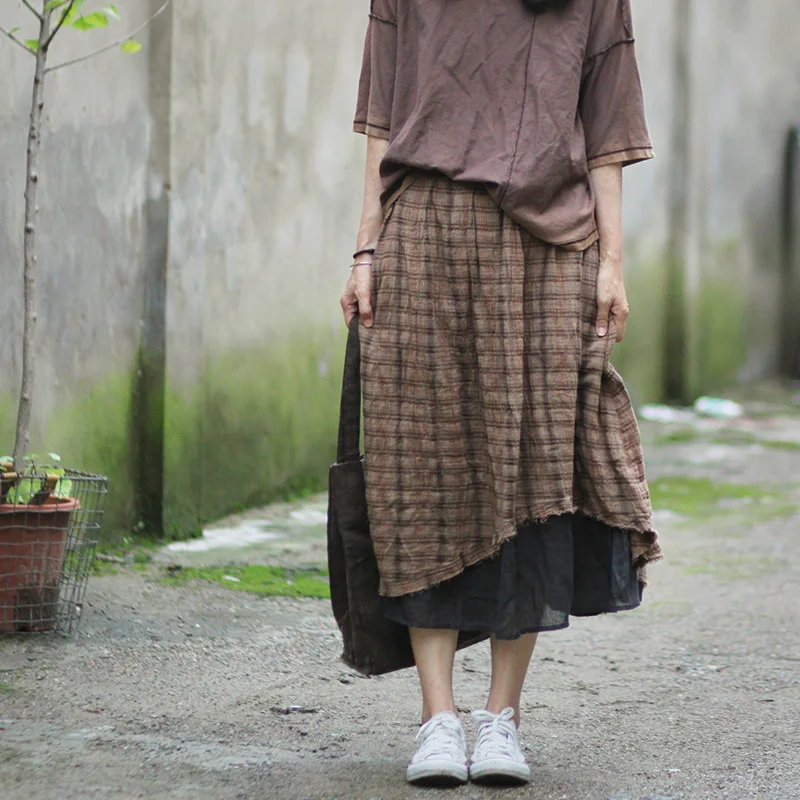 

Women Cotton Linen Plaid Patchwork Irregular Length Skirts Ladies Double Layer Plaid Loose Skirts Female Vintage Flax Skirts
