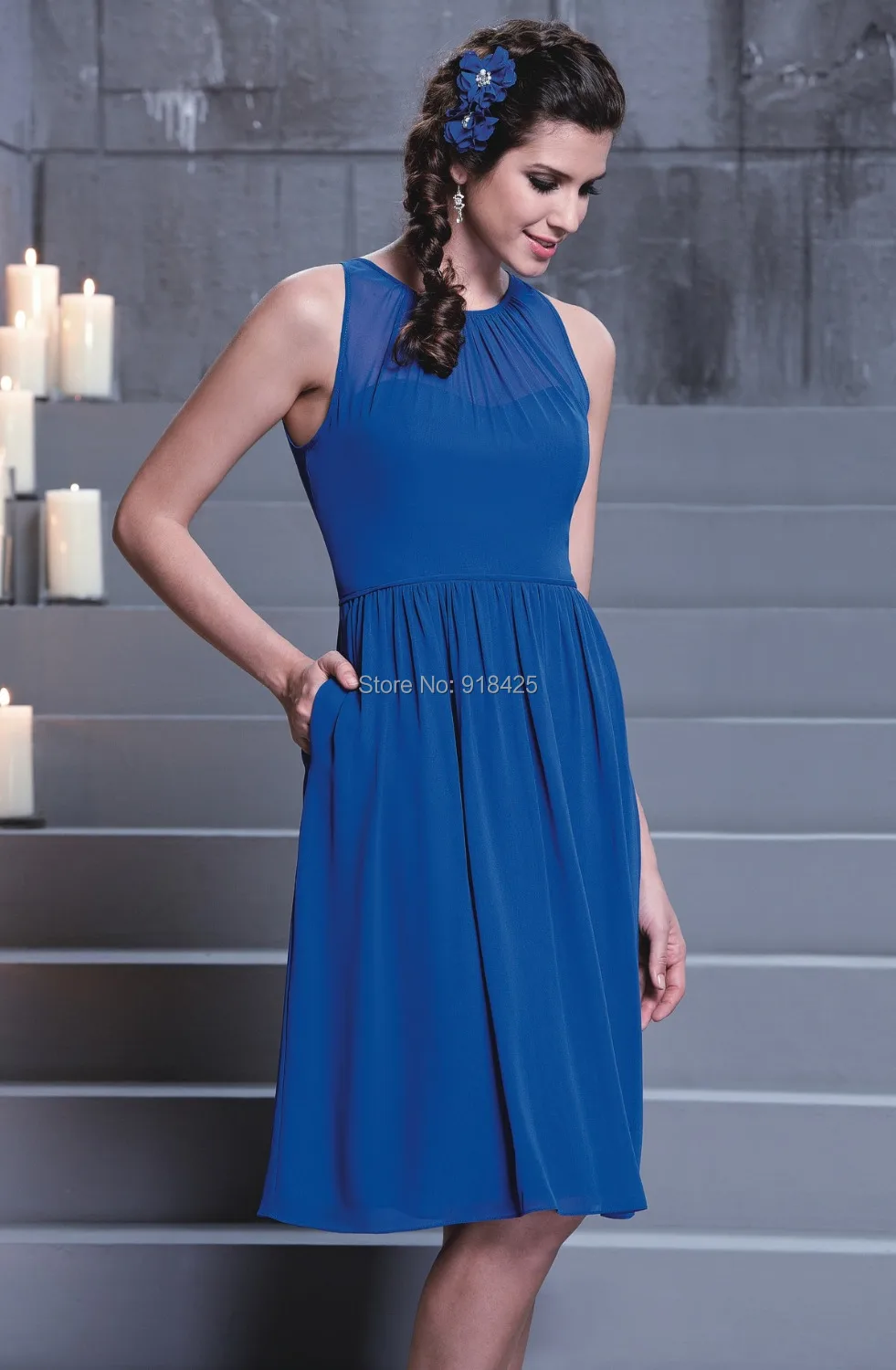 Western Country Royal Blue Bridesmaid Dress Knee Length Wedding Guest Chiffon Short High Neck