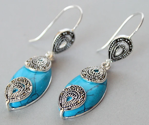 

Elegant 925 Silver Jewelry Blue Turquoise Marcasite Waterdrop Earrings 14/5