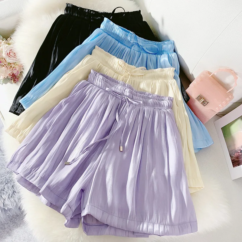 

AcFirst Summer Black Blue Purple Sexy Polyester Shorts Women Shorts Button High Waist Shorts Female Bottom Darwstring Short