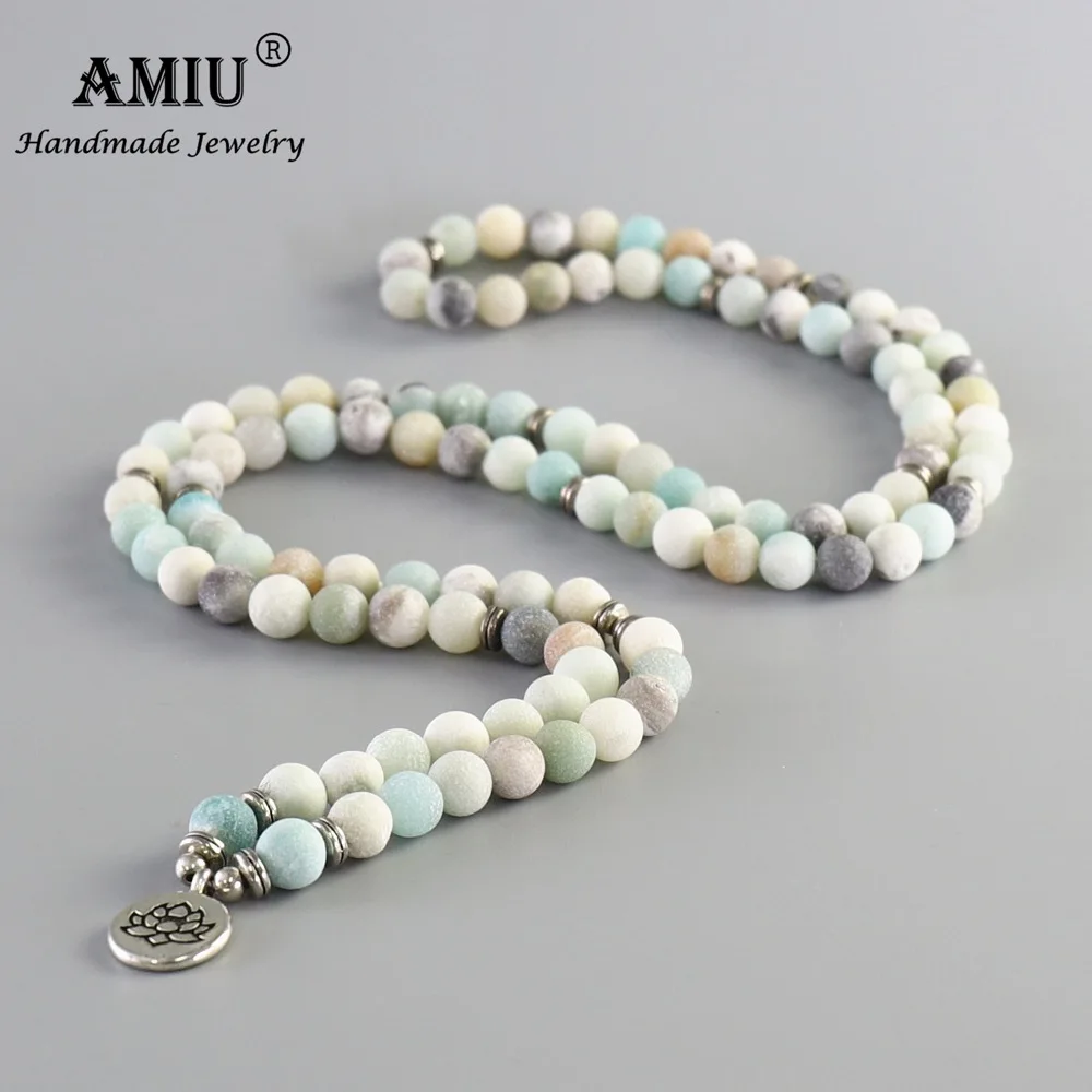 

AMIU Tibetan Buddhist Matte Frosted Amazonite beads with Lotus OM Buddha Charm Amulet 108 Mala For Man And Woman Necklace