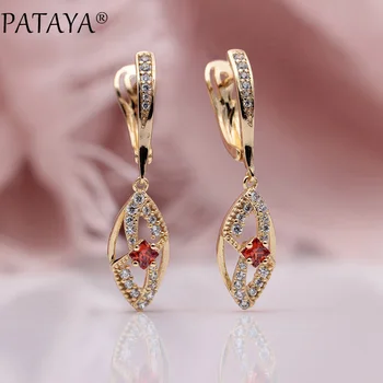 

PATAYA New Women Wedding Party Fine Jewelry 585 Rose Gold Micro-wax Inlay Pomegranate Red Natural Zircon Long Dangle Earrings