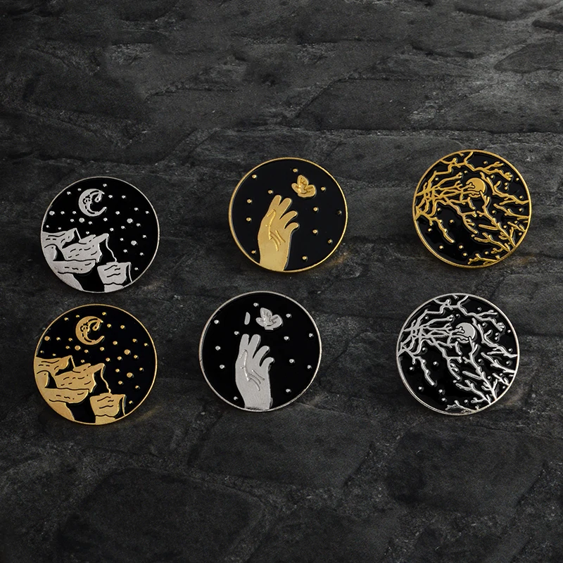 

Black Gothic Branches Moon Mountain Butterfly Brooch Pin Dress Bag Coat Accessories Lapel Pins Badge Punk Jewelry Gift for Kids