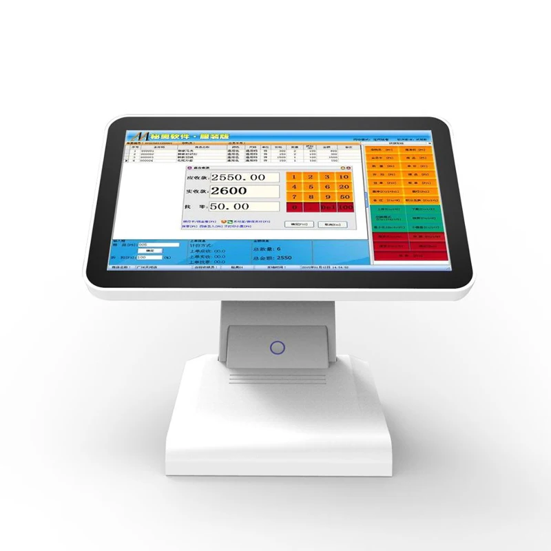 التجزئة نظام pos الكل مع شاشة اللمس pos عرض ، 80 ملليمتر عالية السرعة الطابعة ، ماسح الباركود والنقد درج