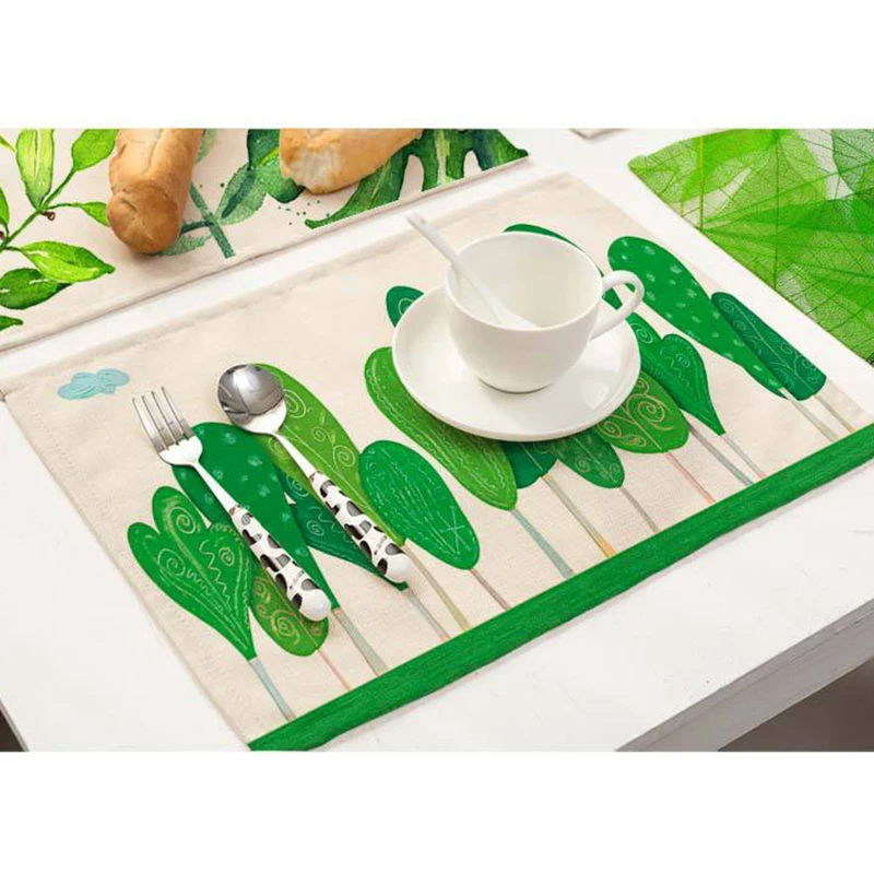 42x32cm Green Leaves Pattern Cotton Linen Western Pad Placemat Insulation Dining Table Mat Bowls Coasters Kitchen Accessories
