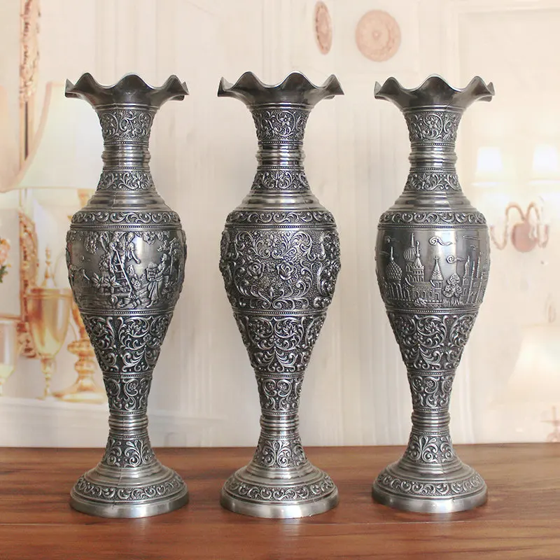 2 Sizes Metal Vase Pewter Color Tabletop Art Decor Craft Antique