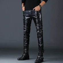 Большие размеры для мужчин для отдыха на осень-зиму теплые штаны-карандаши узкие искусственная кожа штаны полной длины slim fit Брюки из искусственной кожи; одежда