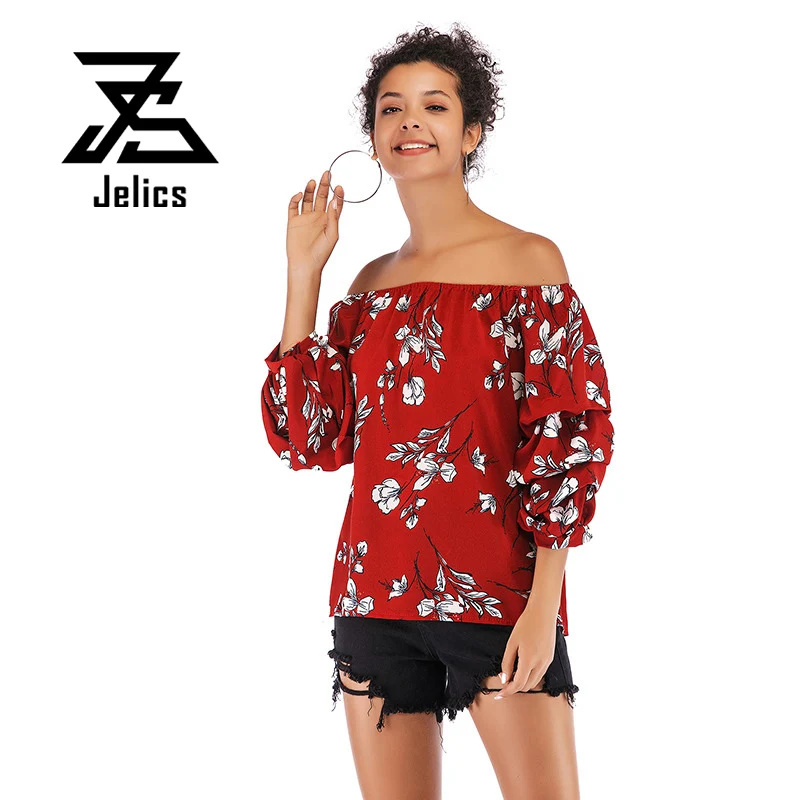 Jelics Slash шеи Шифоновая блузка рубашка женская одежда 2019 цветочный леопардовым узором элегантные пикантные с открытыми плечами летние