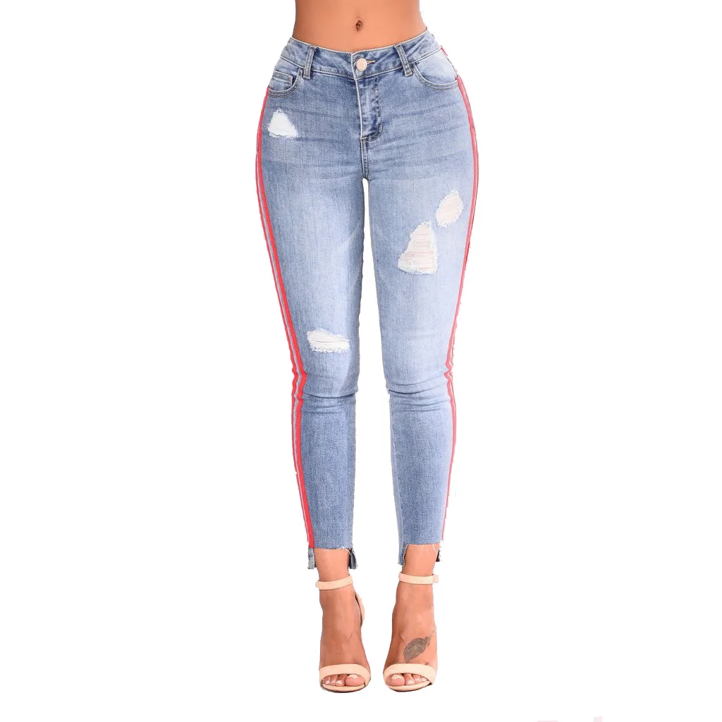 Женские вымытые джинсы 2019 летняя стильная рваность боты полосатые узкие брюки женские облегающие джинсы до пояса джинсовые брюки D40