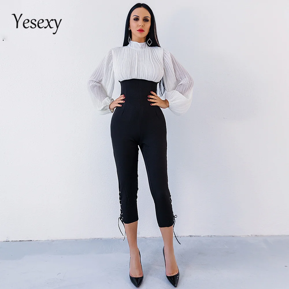 

Yesexy 2019 Sexy high-necked long sleeve folds Drawstring jumpsuit VR4902