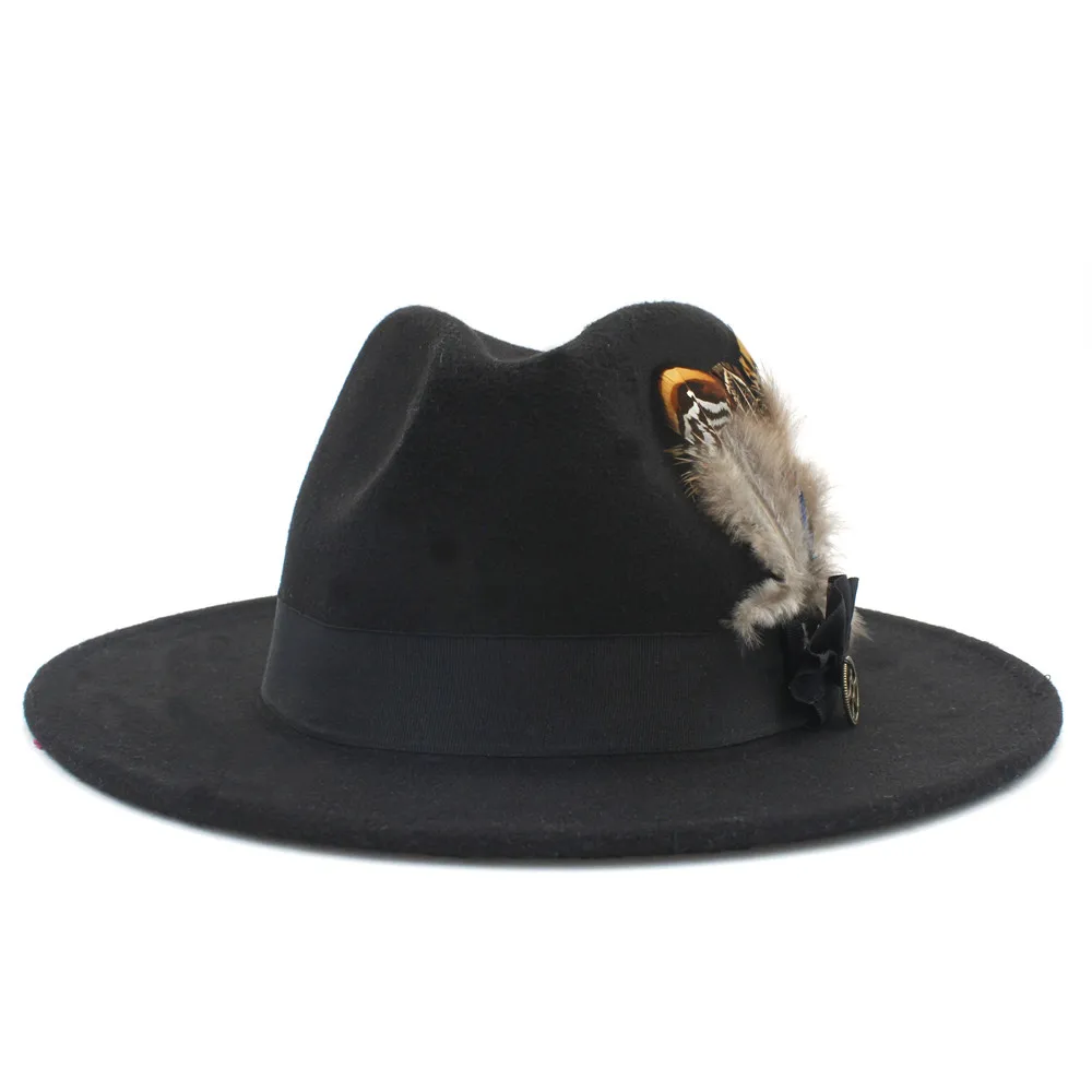 Шерсть с широкими полями фетровая шляпа Федора для женщин мужчин зима осень кашемир Гангстер церковная шляпа с перьевой лентой