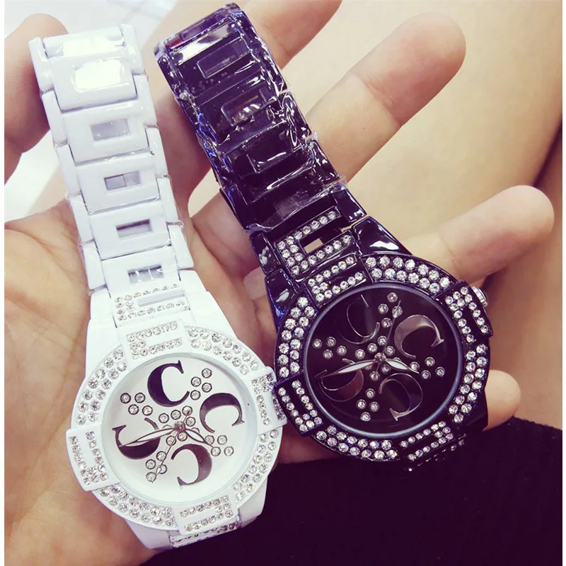 

Men And Women Quartz Watches Ceramic Watchband Fully Rhinestone Lady Wristwatch High-end Custom Linked List Watch