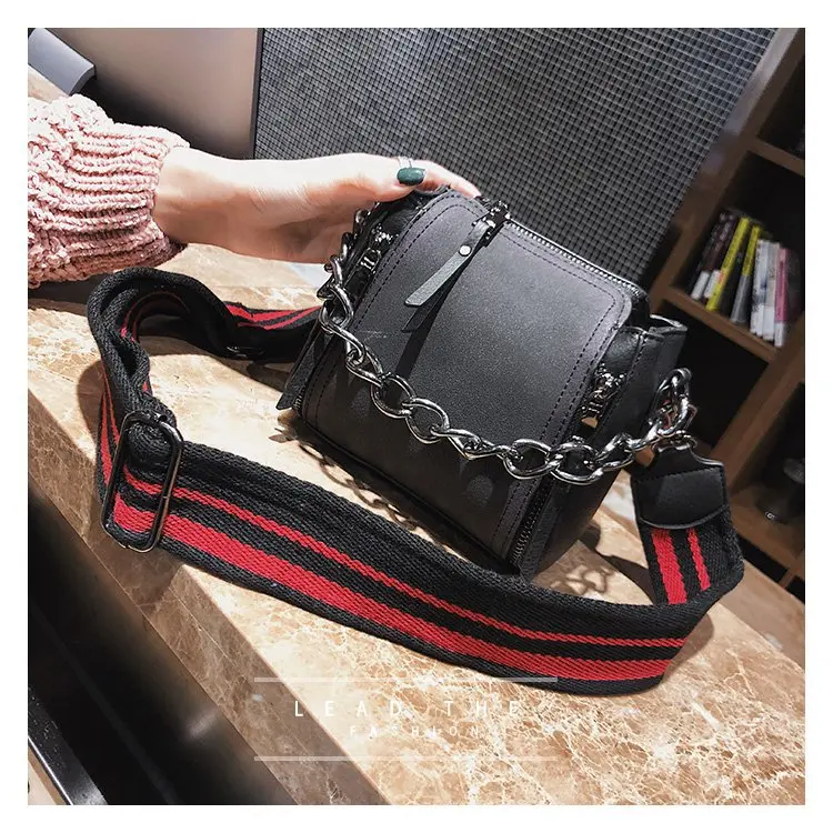 New Vintage Barrel Shaped Scrub Leather Crossbody Bag with Thick Chain Stripe Women&#39;s Wide Strap ...