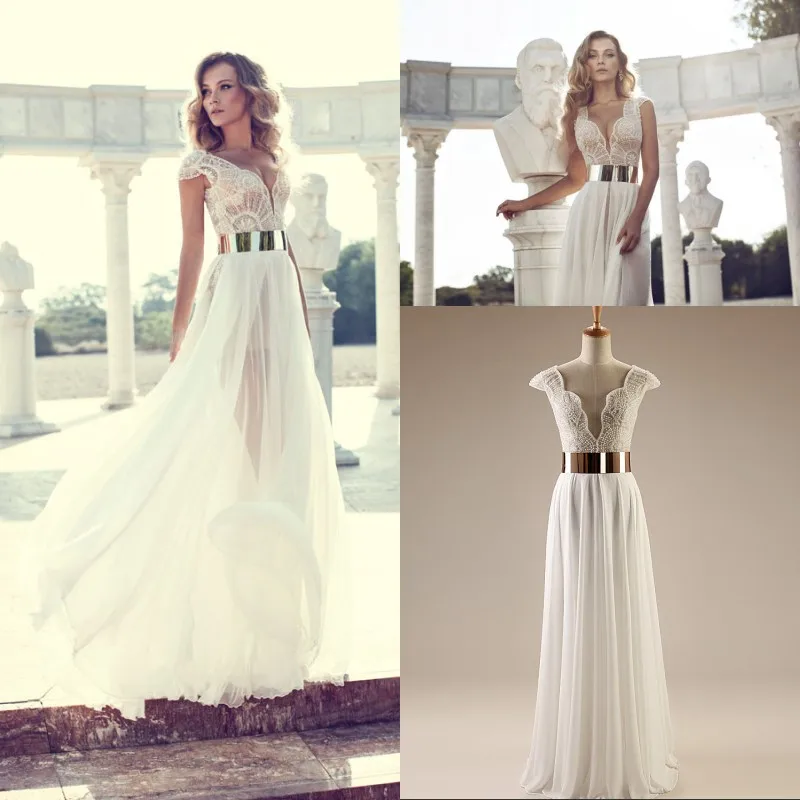 Real Sample 2017 Hot Beach Wedding Dress V Neck Cap Sleeves