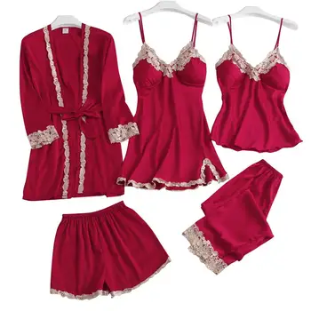 

Yfashion 5Pcs/set Women Set Sexy Thin Robe Pajamas Dress Shorts Trousers Set Spring Summer Fashion Women Clothes Sets Homewear