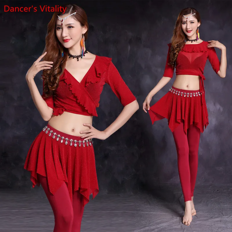 Belly Dance Suit New Practice uniforms Dance Performance Costumes Practice Exercises Costumes BellyDance Clothing - Цвет: with belt