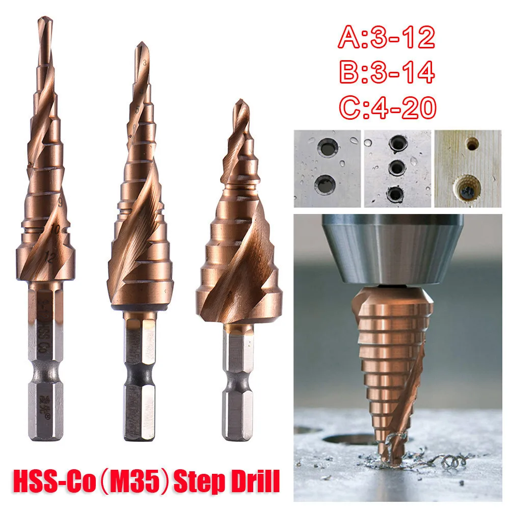 1 шт., HSS CO M35 из нержавеющей стали, металлическое ступенчатое сверло, спиральный паз, резец, сверление, отверстие, пила, инструмент 3-12 мм/3-14 мм/4-20 мм, шаги