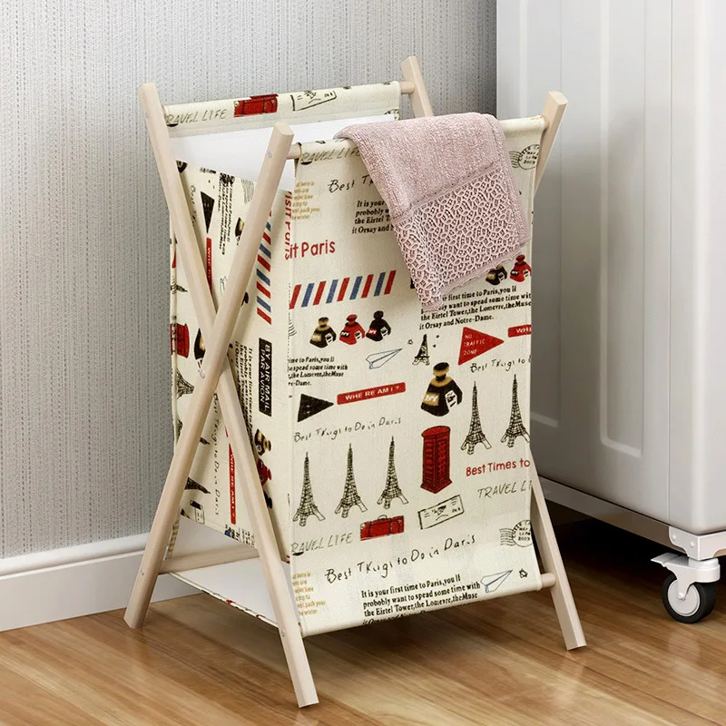 Large Laundry Hamper Folding Solid Wood Linen Bag Home Clothes Storage Baskets Laundry Baskets High-quality Kids Toy Storage