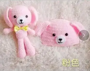 

Newborn Photography Props Accessories Bear Hat Cap + Doll Sets Infant Bebe Soft Bonnet Handmade Knitted Beanie Bear Toy 0-2M
