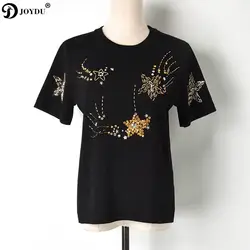 JOYDU ручной работы бисер бриллиантами звезды футболка для женщин 2019 короткий рукав Харадзюку femme Трикотажные взлетно посадочной полосы