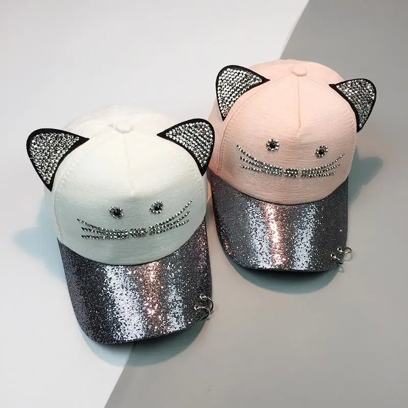 2017 летние милые бейсболки с кошачьими ушками блестками кольцом сеткой Женская