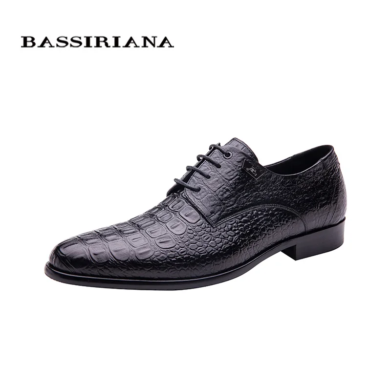 BASSIRIANA новая модель натуральная кожа под корокодила Европейский стиль Удобная обувь Мужские туфли на шнуровке Размеры 39-45 - Цвет: black