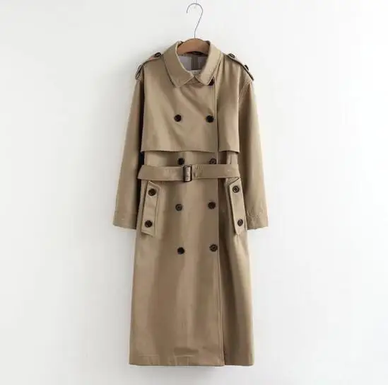

Top women casual solid color double breasted outwear sashes office coat chic epaulet design long trench