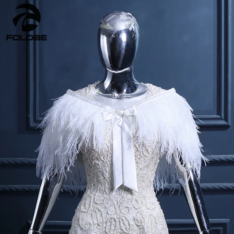 

Hot Sale Elegant Ostrich Feather White Women Shawls Wedding Bridal Wraps Fur Formal Evening Party Cape Wraps Wedding Shawls