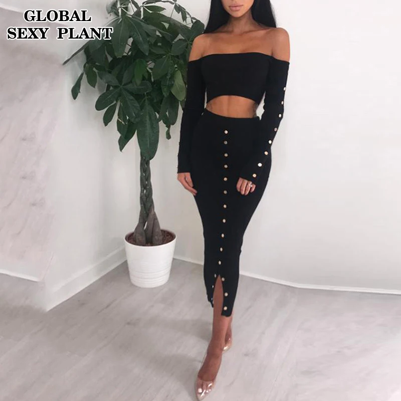 Пикантные с открытыми плечами длинным рукавом Bodycon платье осенне зимняя Дамская