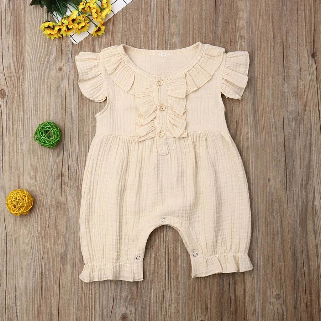 Summer Infant Baby Boys&Girls Fly Sleeve Ruffles Solid Romper Jumpsuit Clothes bebek tulum baby jumpsuit linen baby clothes