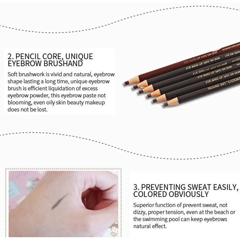 Lápis de Sobrancelha Descascável Cores 1818 Macio à Prova D'água Caneta de Sobrancelha Escuro Marrom Claro Café Preto e Cinza 12 Peças 6 1818, macio, à prova d'água, caneta de