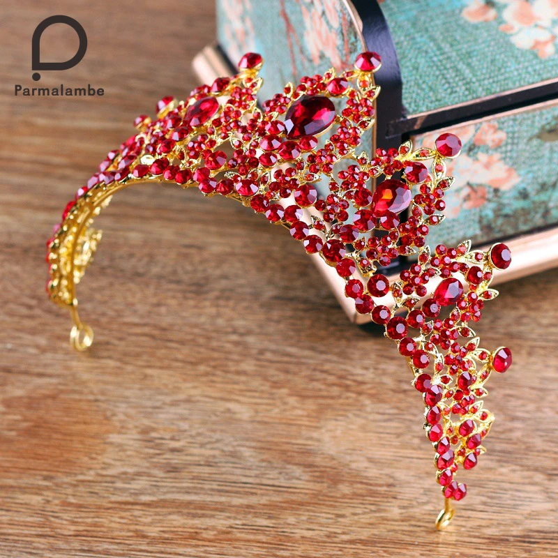 

Parmalambe Handmade Vintage Baroque Tiara Red Rhinestone Crystal Crown Hair Jewelry Wedding Hair Accessories coroa de noiva