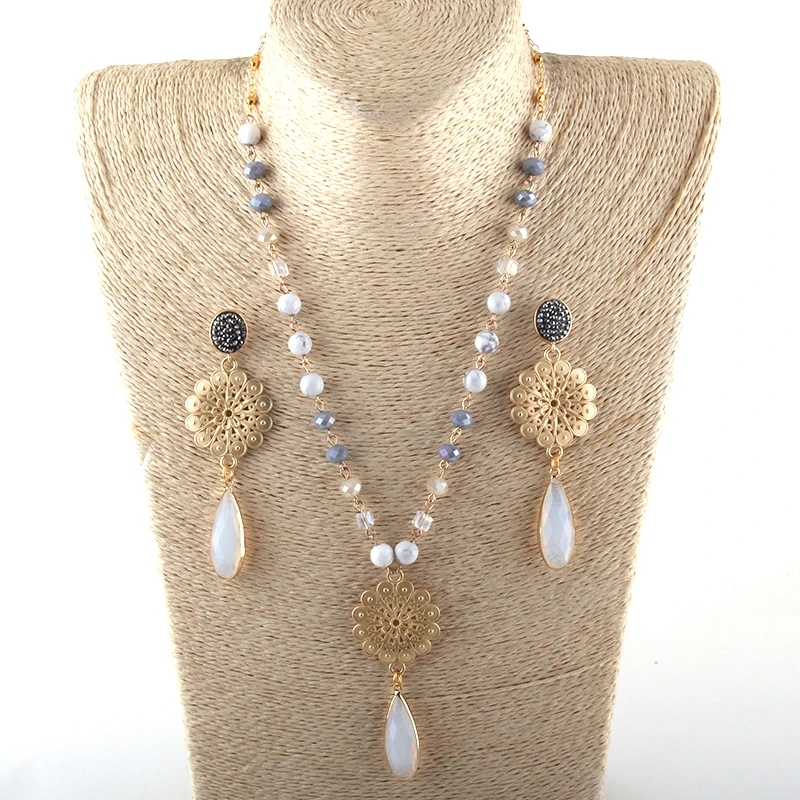 MOODPC Fashion Jewelry Set N-E Stone / Glass Rosary Chain Metal Flower Link DropTassel Necklace Bracelet Earring set | Украшения и