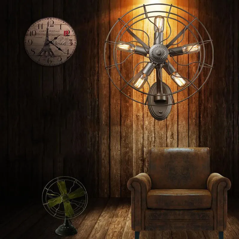 

Loft American country retro fan wall lamp cafe bar dining room bedroom aisle corridor store Iron cage decorative lamp bra