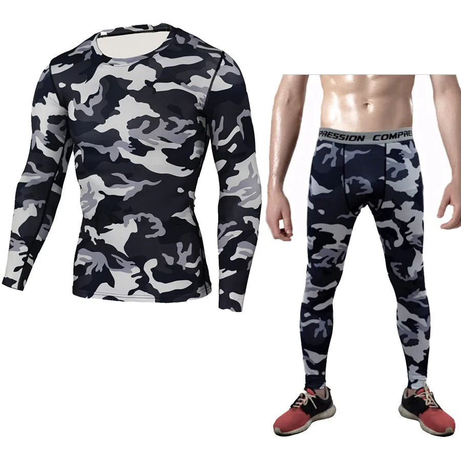 Men Sets Army Camouflage Rashguard Compression T Shirt Leggings Base