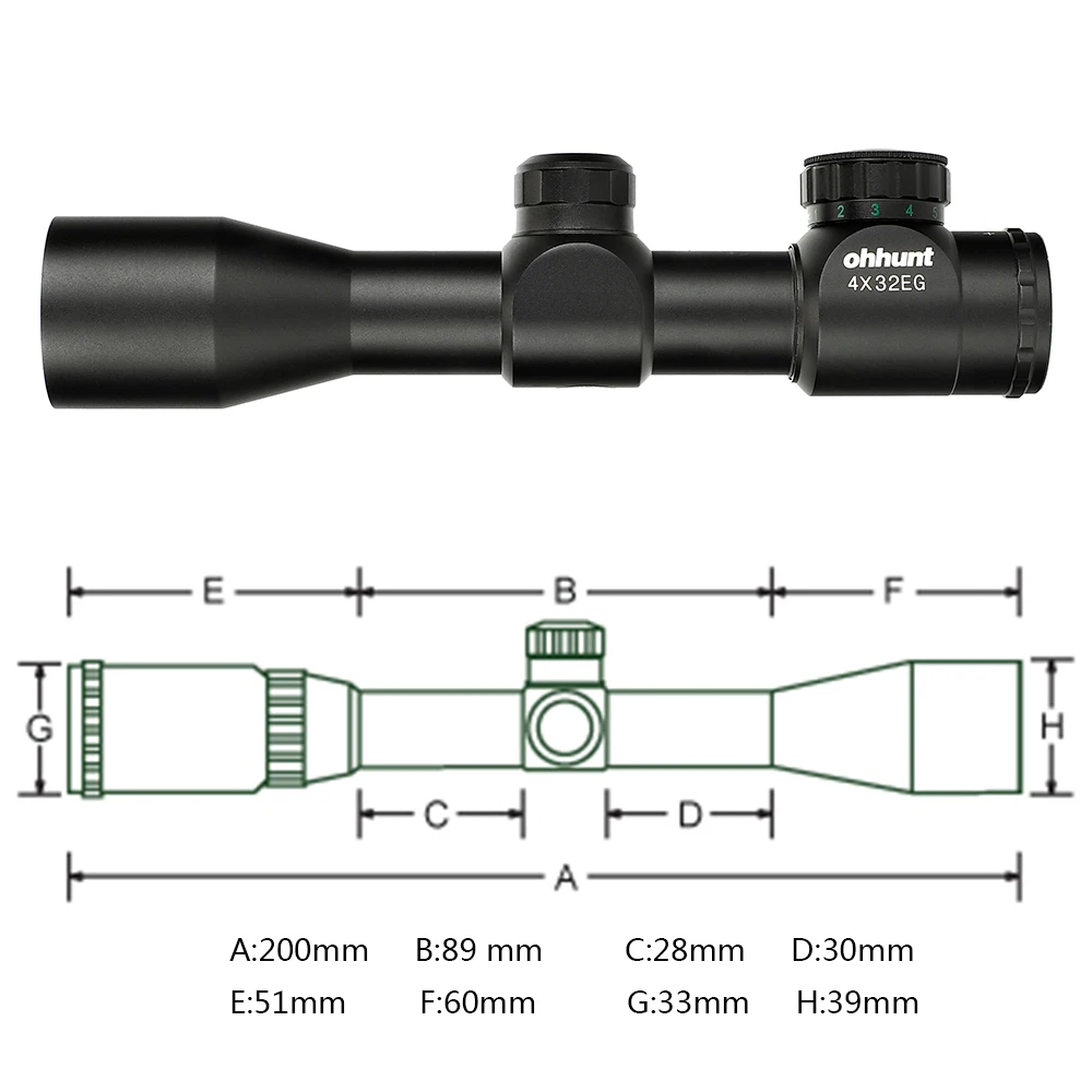 ohhunt 4x32EG 1 inch Compact Hunting Rifle Scope Tactical Optical Sight Red Green Illuminated Rangefinder Reticle Riflescope (3)