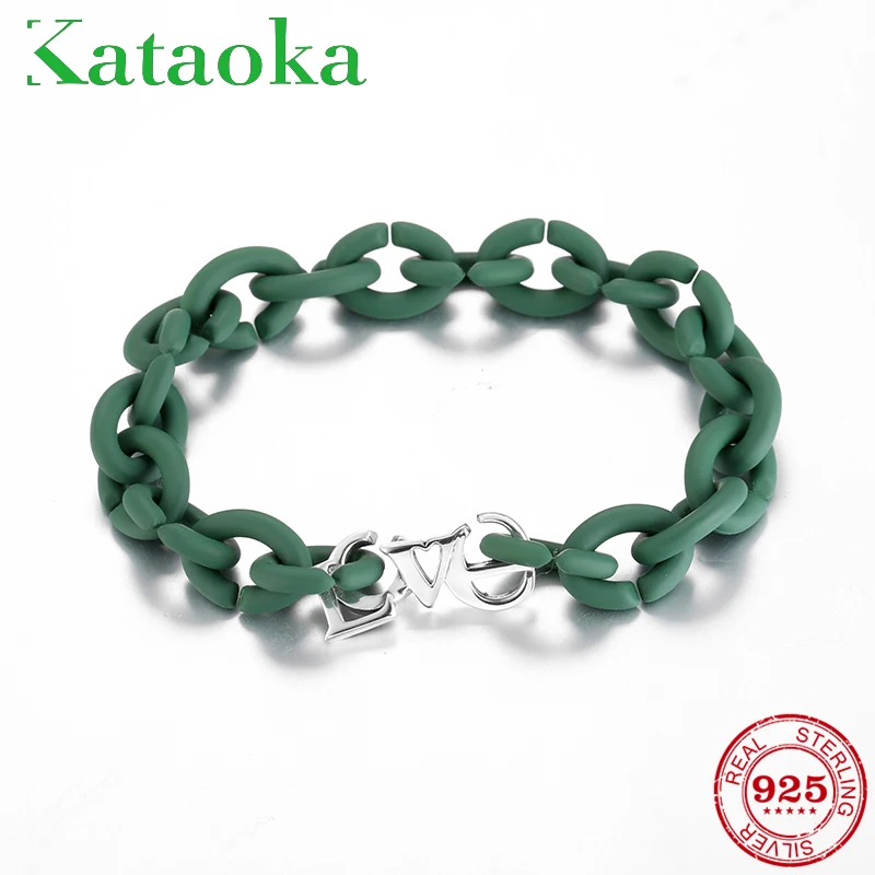 

925 Sterling Silver LOVE Charm Beaded Bracelet Sea Green European rubber X bracelets Jewellery For Women Men Jewelry