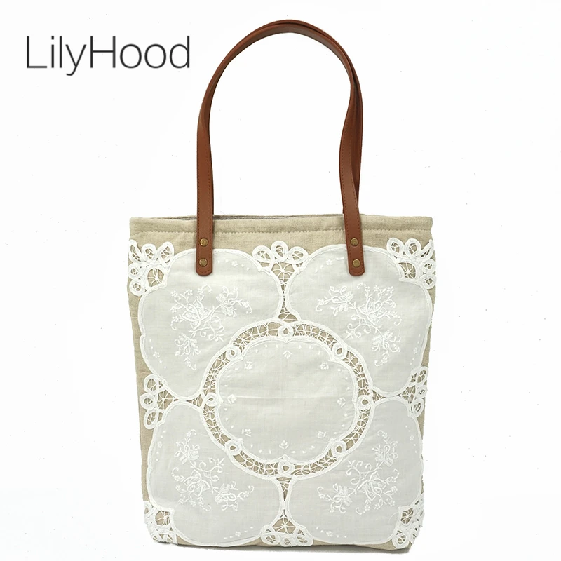 LilyHood Women Shabby Chic Lace Handbag Handmade Jute Vintage Retro