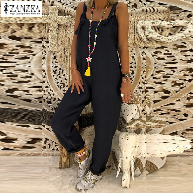 2018 ZANZEA Women Cotton Linen Rompers Strappy Solid Loose