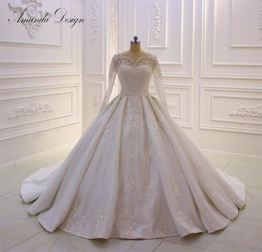 

Amanda Design Bridal Dress Lace Applique Pearls Wedding Dress with Long Sleeve