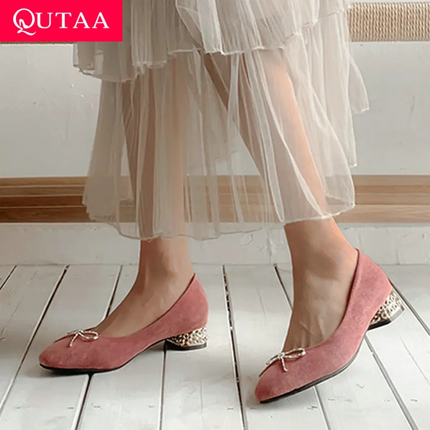 

QUTAA 2019 Women Shoes Flock Square Low Heel Butterfly-Knot Pointed Toe Spring Retro Basic Leisure Single Shoes Size 34-43