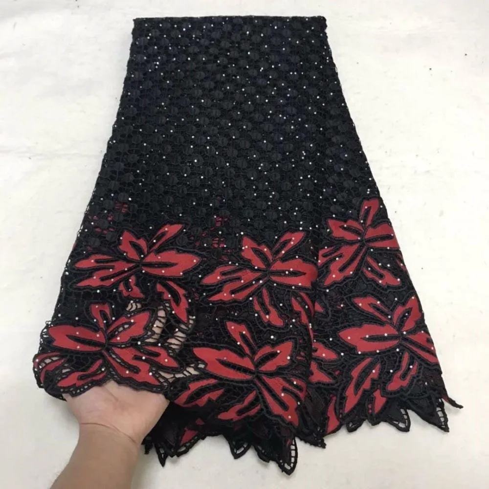 Черный, красный Цвет Нигерийский шнур кружево ткань модный дизайн гипюр шнур материал с камнями вышивка ткань 5 ярдов/партия 30