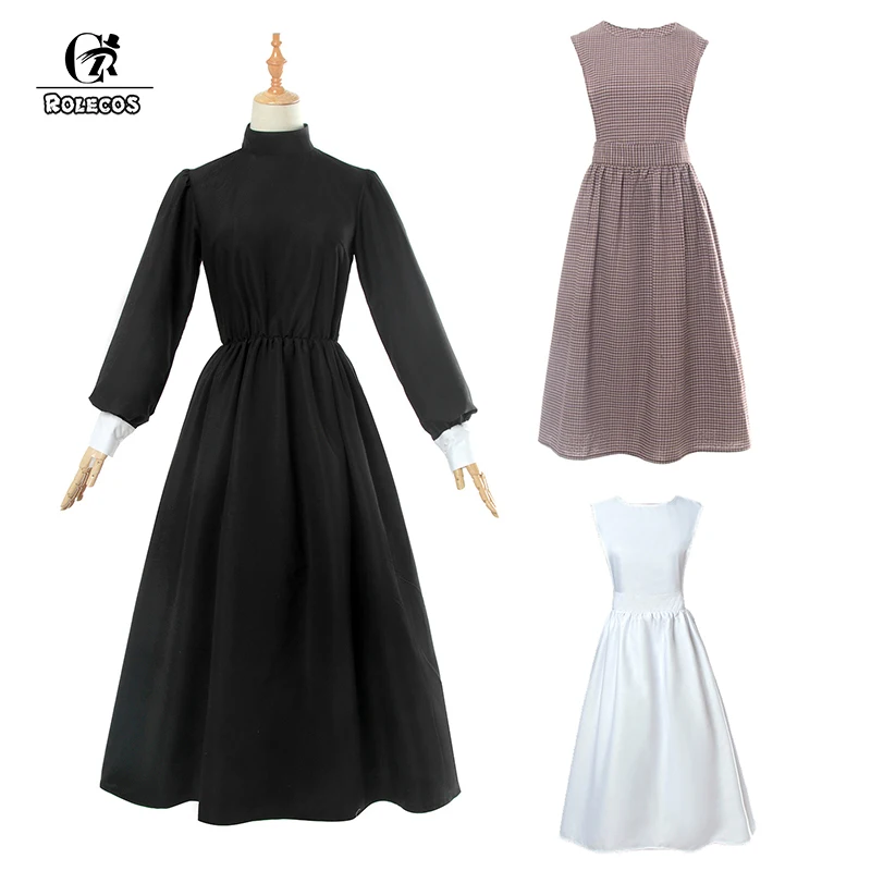 

ROLECOS Victorian Medieval Dress Cotton Women Black Lolita Dress Retro Vintage Dress Apron Long Sleeve Maid Costume Gothic