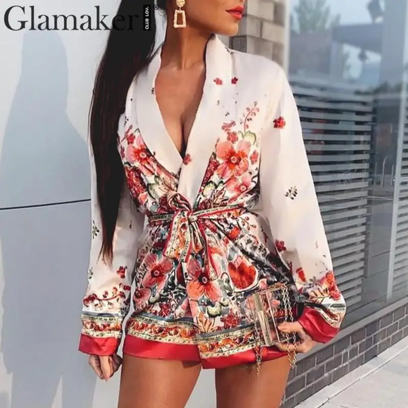 Glamaker, цветочный принт, v-образный вырез, сексуальное кимоно, для женщин, осень, с длинным рукавом, кимоно, куртка, женский элегантный пояс, вечерние, короткие, кимоно, блузка