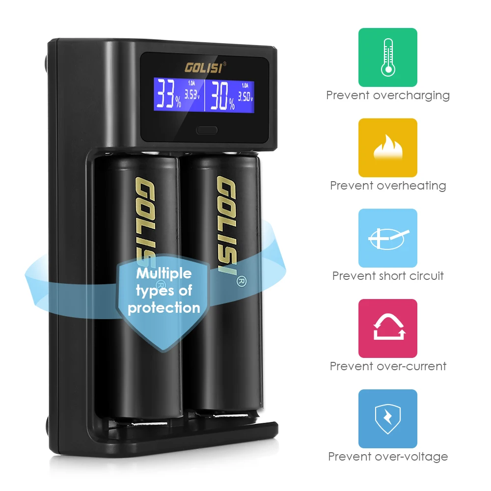 

GOLISI I2 2.0A Mini Smart Battery Charger Quick Charge LCD Display Lithium-ion For 18650 26650 20700 21700 Rechargeable Charger